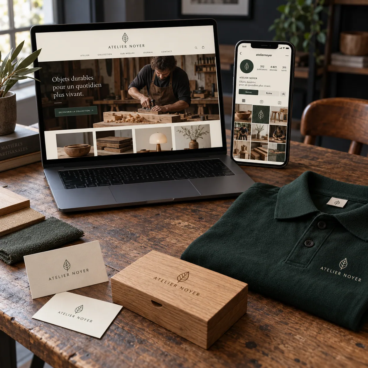 Identité de marque complète : site web, réseaux sociaux, textile et objets gravés